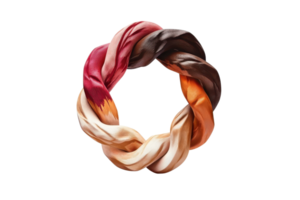 A woven silk scarf arranged in a circular pattern, showcasing a blend of rich, vibrant colors. png