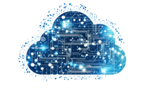 A digital cloud featuring circuitry patterns and glowing nodes that symbolize data flow and connectivity. png