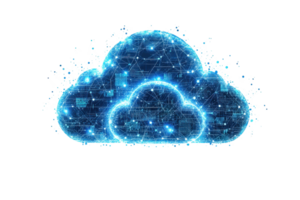 A glowing digital cloud symbol representing data storage and technology. png