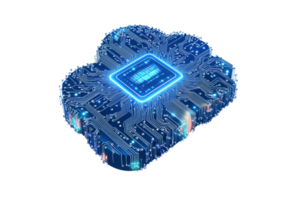A high-tech microchip featuring intricate circuit patterns and vibrant blue lighting, symbolizing advanced technology. png