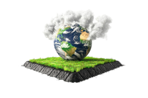 A vibrant globe sits on a grassy surface, surrounded by fluffy clouds, emphasizing Earth's beauty and connection to nature. png