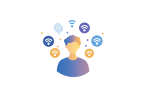 A stylized illustration of a person surrounded by symbols of communication and connectivity like speech bubbles and Wi-Fi signals. png