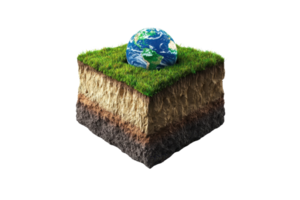 A layered cross-section displays soil, grass, and a globe resting atop, symbolizing Earth and its natural elements. png