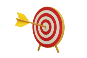 A dartboard with a yellow arrow embedded in the center, featuring alternating red and white concentric circles. png