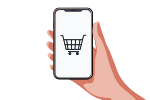 A hand holds a smartphone displaying a shopping cart icon on its screen. png