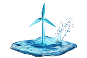 A blue wind turbine emerging from a splash of water, symbolizing sustainable energy and innovation. png