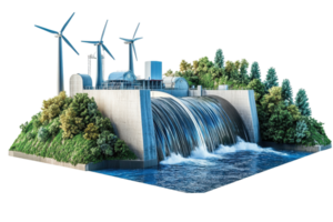 A model showcasing a hydroelectric dam with flowing water, wind turbines, and surrounding greenery. png