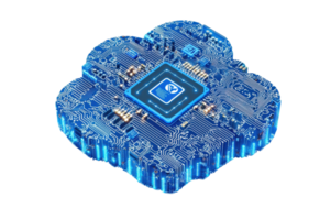 A high-tech, blue circuit board resembling a cloud shaped design with a central processing unit and intricate details. png