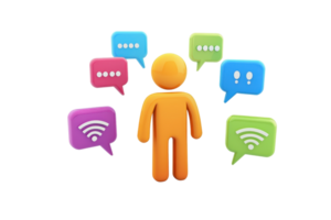 A stylized figure surrounded by various speech bubbles representing communication and networking. png