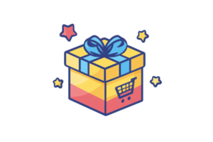 A colorful gift box with a ribbon and a shopping cart symbol, representing presents and shopping. png
