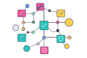 Abstract diagram featuring colorful shapes connected by lines, with check marks indicating completion or approval. png