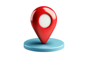 A red location pin stands prominently on a blue base, symbolizing navigation and geographical reference. png
