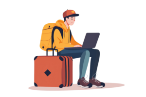 A person sitting on a suitcase works on a laptop while wearing a bright yellow jacket and cap. png
