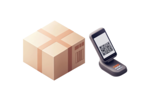 A carton box and a scanning device featuring a QR code. png