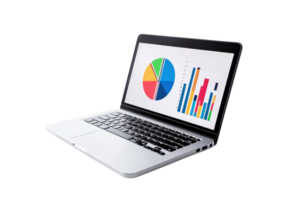 A sleek laptop displaying a colorful pie chart and bar graphs, showcasing data analysis. png