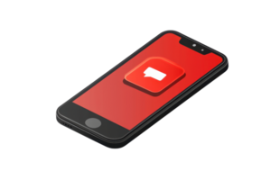 A smartphone featuring a red interface with a messaging icon prominently displayed. png