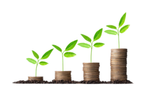 Growing plants emerge from stacks of coins, symbolizing financial growth and sustainability. png