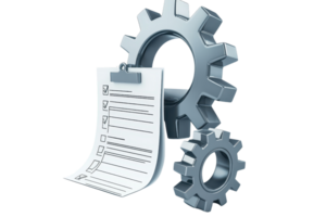 A gear and a checklist paper, illustrating mechanical work and task management in a collaborative, systematic environment. png