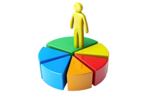 A yellow figure stands atop a colorful pie chart divided into segments, symbolizing data representation and analysis. png