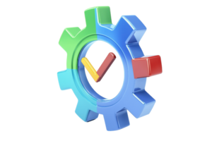 A colorful gear symbolizing optimization and completion, featuring a checkmark in the center. png