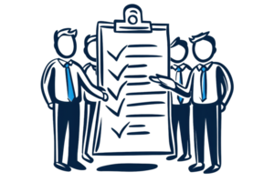 A group of business individuals discussing a checklist on a clipboard, indicating teamwork and task management. png