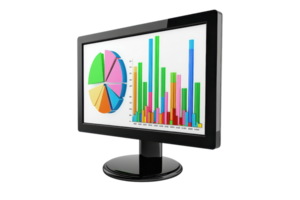A sleek monitor displaying colorful graphs and charts that represent data analysis. png