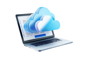 A laptop displaying a user interface with stylized, layered clouds above it, representing cloud computing and data storage. png