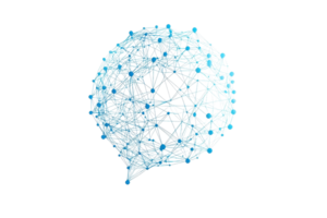 Visual representation of a network structured like a speech bubble, emphasizing interconnected nodes and lines in a digital style. png
