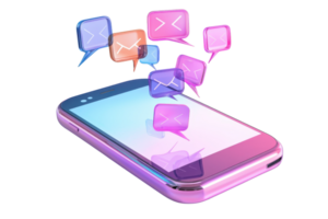 A smartphone with colorful message bubbles emerging from its screen. png