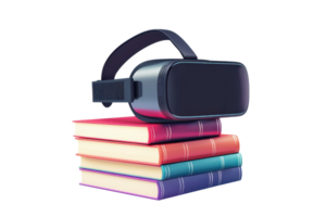 A virtual reality headset rests on a stack of colorful books, symbolizing the blend of technology and education. png