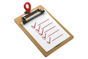 A clipboard with a checklist and red checkmarks, indicating completed tasks. png