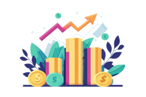 A colorful graph with upward trends, bar charts, and coins, representing financial growth and investment insights. png