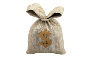 A burlap sack tied with a bow and marked with a dollar sign, symbolizing wealth or money. png