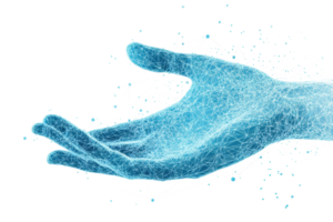 A digitally rendered blue hand extending outward, symbolizing technology and connection in a futuristic style. png