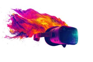 A vibrant virtual reality headset with colorful flames flowing from it, symbolizing immersive technology and creativity. png