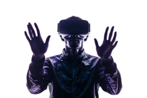 A figure wearing a VR headset with hands raised, embodying a blend of technology and interaction in an immersive virtual environment. png