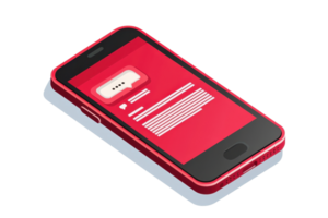 A sleek red smartphone displaying a messaging interface with notification features. png