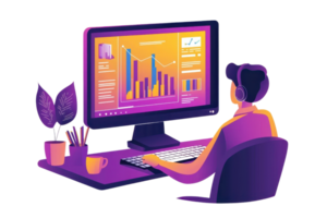 A person analyzing colorful data visualizations on a monitor while seated at a desk with plants and stationary. png