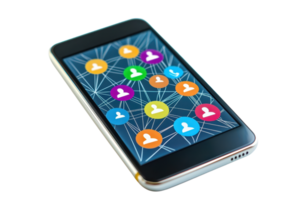 A smartphone displaying a network of colorful user icons, symbolizing connectivity and social interaction. png