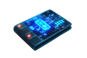 A futuristic wallet featuring a digital interface with glowing circuits and symbols. png