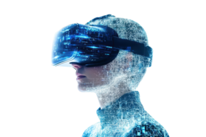 A futuristic figure wearing a VR headset, displaying a digital and geometric pattern across its surface, symbolizing advanced technology. png