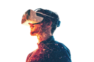 A person wearing a virtual reality headset, immersed in a vibrant display of colors and patterns, suggesting a futuristic experience. png
