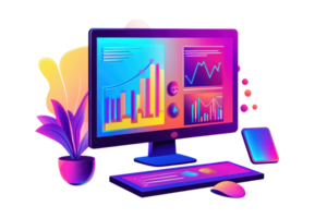 A vibrant computer setup displaying colorful graphs and charts, complemented by a decorative plant. png