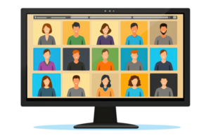 A digital display shows a grid of diverse, illustrated avatars representing different individuals. png