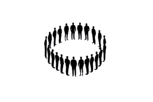 A circular arrangement of stylized figures, connected in a unified formation, conveying a sense of community or togetherness. png