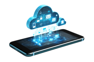 A smartphone displaying a floating cloud symbol with various digital icons representing data and connectivity. png
