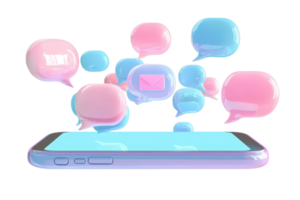 A smartphone displays colorful speech bubbles, symbolizing digital communication and messaging. png