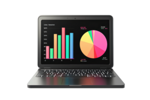 A laptop displaying colorful bar graphs and pie charts, showcasing data visualization and statistics analysis. png