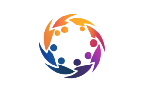 A circular graphic featuring stylized figures with different colors arranged in a cooperative design representing unity and collaboration. png