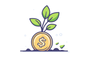 A coin with a dollar sign surrounded by green leaves, symbolizing growth and prosperity. png
